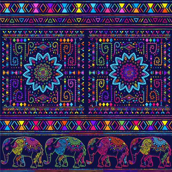 کارت با فیل قاب حیوانات در بردار ساخته شده تصویر سازی الگوی طراحی طرح پارچه دست نقشه های کشیده شده با فیل و ماندالا استفاده برای کودکان لباس لباس خواب