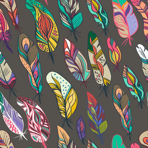 الگوی رنگارنگ بدون درز با پرهای از پرندگان عجیب و غریب یا مفهوم طاووس از حیات وحش یا تنوع طبیعی