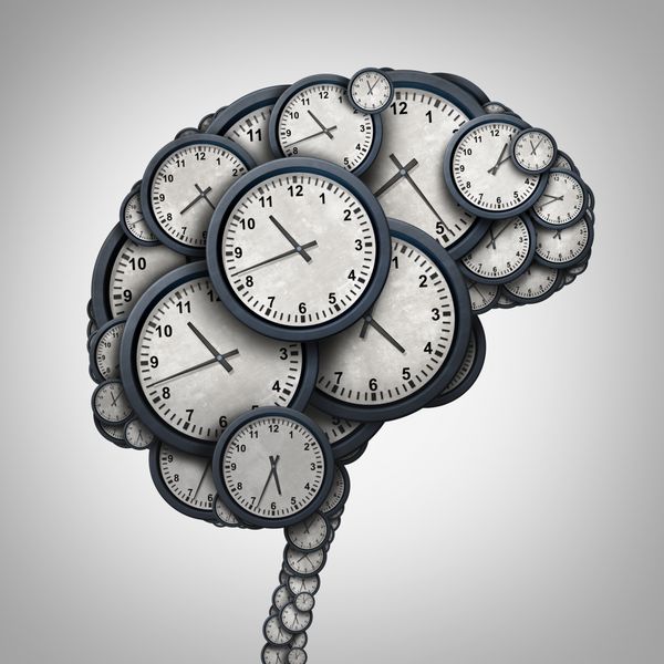 زمان مفهوم تفکر مغز به عنوان یک گروه از اشیاء ساعت شکل به عنوان ذهن انسان به عنوان آیکون کسب و کار دقت و انتصاب استرس استعاره یا مهلت فشار و اضافه کاری به عنوان تصویر 3D