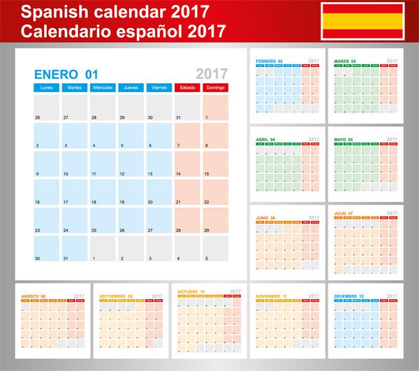 2017 تقویم تقویم اسپانیایی برنامه ریزی الگو شروع هفته ژانویه دسامبر روز دوشنبه تصویر بردار