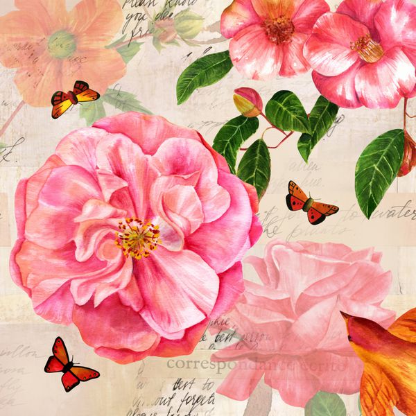 کولاژ فهرست با گل رز صورتی و گل کاملیا پروانه ها پرنده طلایی در پس زمینه با قطعات از حروف و بافت کاغذ قدیمی؛ متن قابل رویت شامل باغ زیبا در فرانسوی است