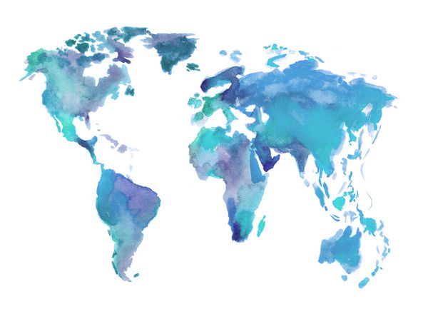 نقشه جهان آب و رنگ آبی نقشه زیبا با سرزمین و جزایر تصویر آبرنگ برای دکوراسیون