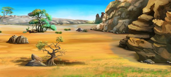 نقاشی دیجیتال تصویر سازی از منظر آفریقایی با درختان نزدیک کوه شخصیت کارتونی سبک پری داستان داستان پس زمینه