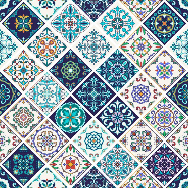 بردار بدون درز بافت الگوی زیبایی برای طراحی و مد با عناصر تزئینی کاشی های پرتغال Azulejo Talavera زیور آلات مراکش