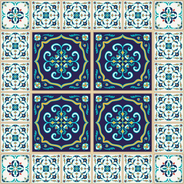 بردار بدون درز بافت الگوی رنگی زیبا برای طراحی و مد با عناصر تزئینی کاشی های پرتغال Azulejo Talavera زیور آلات مراکش