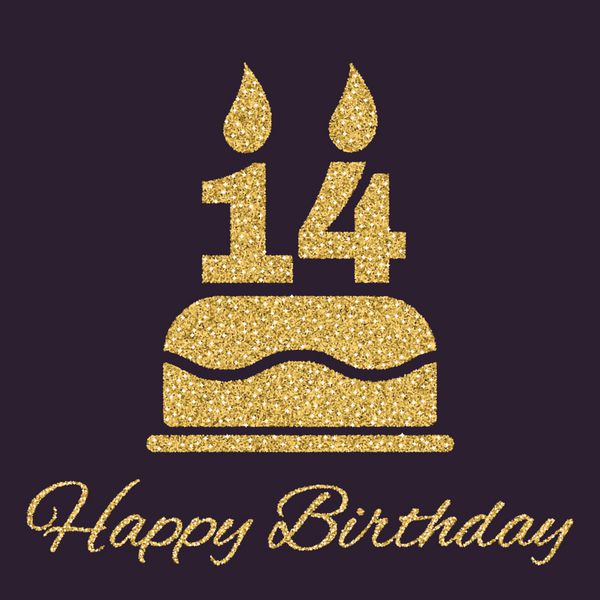 کیک تولد با شمع شکل آیکون شماره 14 نماد تولد طلا بارقههای و زرق و برق تصویر
