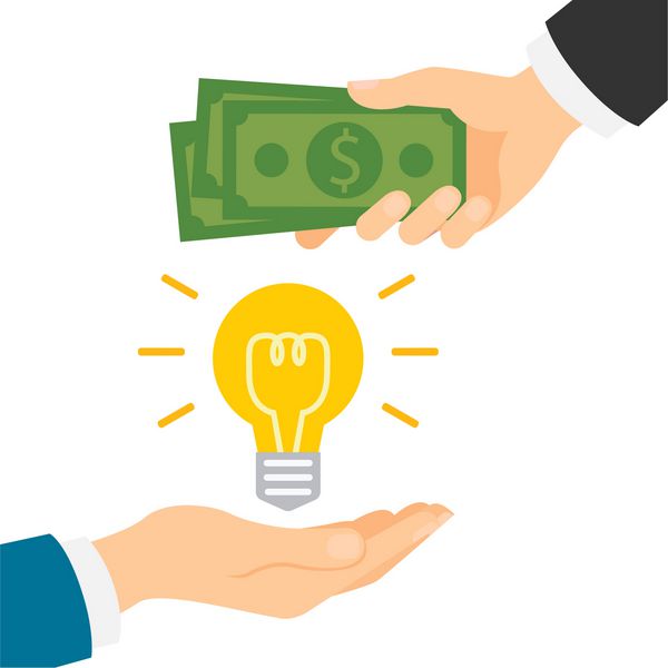 پول برای مفهوم ایده دست دادن ایده لامپ و یکی دیگر از دست دادن دلار سبز مفهوم قرارداد فروش و سرمایه گذاری