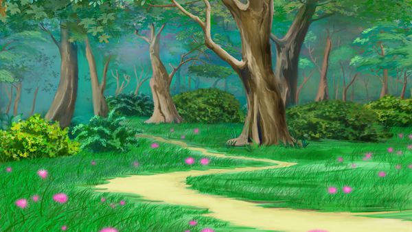 پیاده رو در جنگل تابستان داستان پری زمينه نقاشی دیجیتال تصویر سازی در شخصیت کارتونی سبک