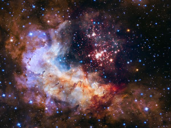 عناصر این تصویر توسط ناسا به مبله خوشه Westerlund 2 و محیط اطراف خود شامل خوشه ستاره ای ترکیب نور مرئی داده