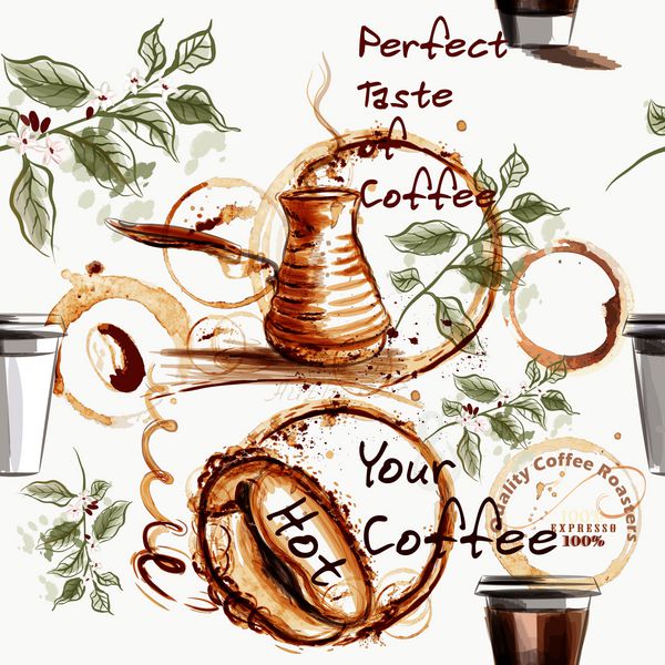الگوی بدون درز تصویر زمینه قهوه با قهوه دانه فنجان توسط نقاط کشیده شده