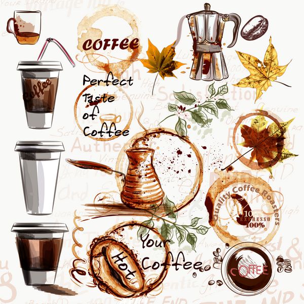 مجموعه ای بزرگ از عناصر قهوه توسط نقاط برای طراحی نقاشی