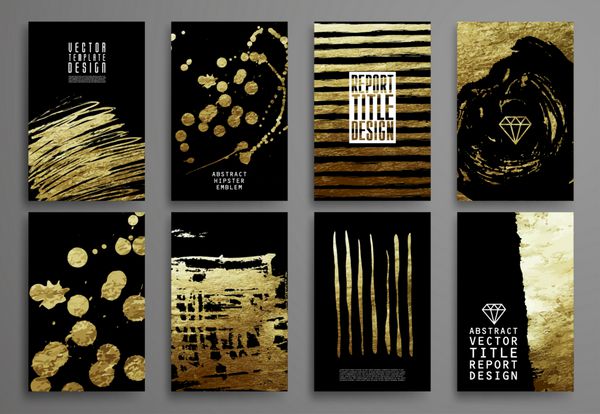 مجموعه ای از الگوهای طراحی سیاه و طلا برای نمادهای مربوط به چاپ بروشور آگهی فن آوری تلفن همراه برنامه های کاربردی و سرویس های آنلاین لوگو بنر و وسیع چکيده زمينه مدرن
