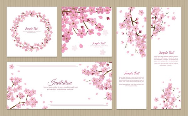 مجموعه ای از کارت پستال آگهی ها و کارت دعوت با گل شکوفه شکوفه