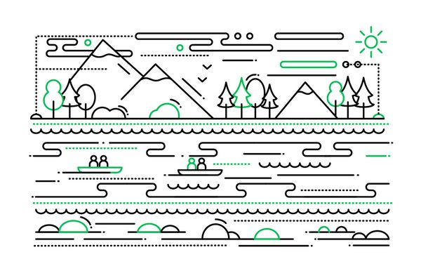 گردشگری آب تصویر بردار ساده خط طراحی مسطح با چشم انداز کوهستانی رودخانه مردم در قایق