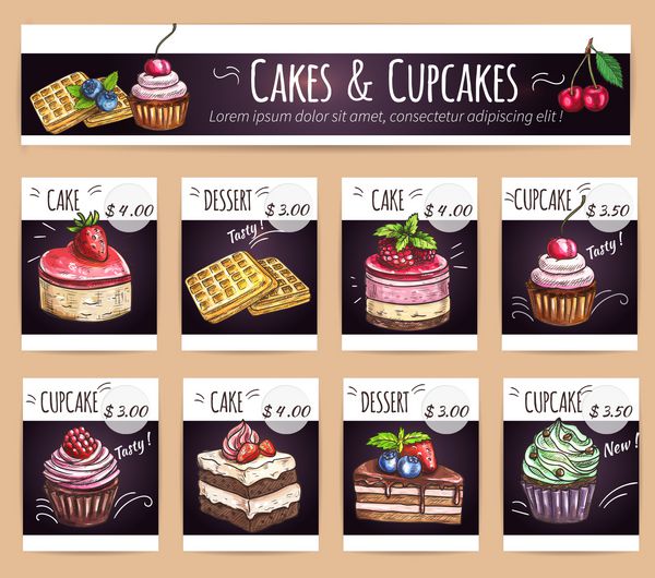 قالب منو کافه تریا و دکوراسیون کیک کیک و دسر شیرینی آیکون طرح با قیمت برای منوی فروشگاه شیرینی