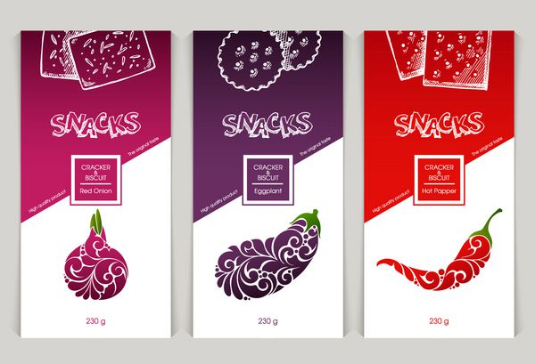 مجموعه ای از الگوهای طراحی بسته بندی غذای میان وعده برچسب بنر پوستر هویت نام تجاری تصویر پس زمینه با دست نقاشی کیک کوکی ها کراکر بیسکویت