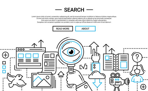 فرایند جستجو تصویر برداری از بردار مدرن طراحی خط ساده خط و عناصر infographics با ذره بین سربرگ بنر برای سایت شما