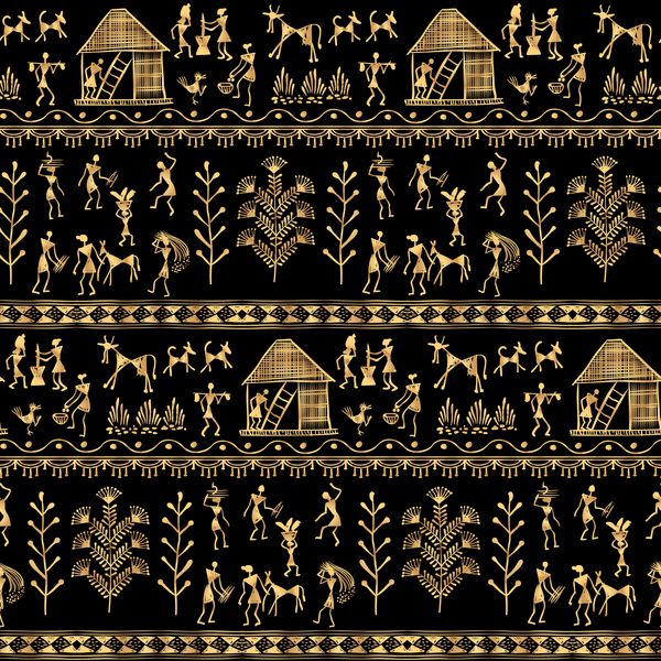 الگوی نقاشی ورللی بدون درز دست هنری سنتی هنر قبیله ای هند است تکنیک ابتدایی نشان دهنده زندگی روستایی ساکنان هند است طلا در پس زمینه سیاه و سفید
