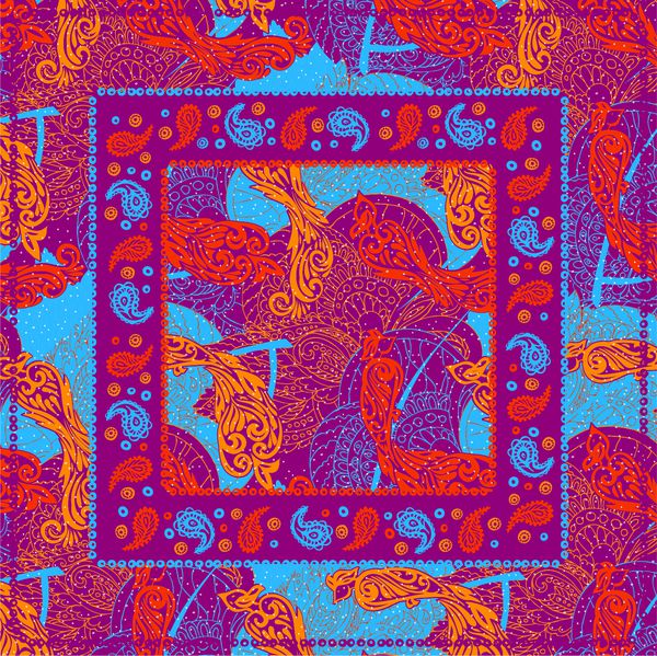 طراحی قرمز Paisley Bandana آثار هنری در سبک پازلی پس زمینه آبی و الگوهای گل تصویر برداری از قالب برای چاپ بر روی پارچه منسوجات