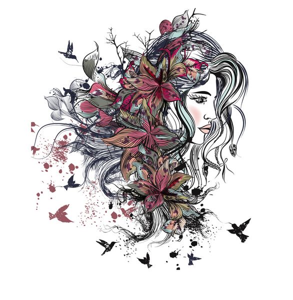 تصویر مد هنر با دست کشیده شده زیبا صورت زنانه زیبا با موهای بلند نقاط گلهای لیلی و پرندگان بو هو سبک