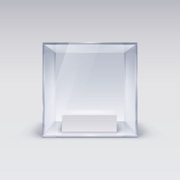 تصویر 3D نسخه راستر نمایشگاه شیشه ای در فرم مکعب برای ارائه در زمینه سفید