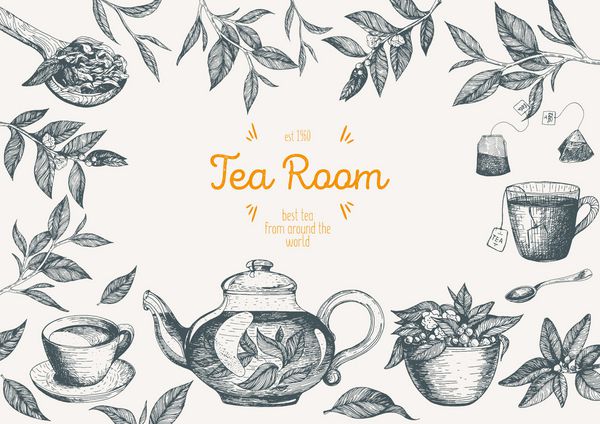 قاب تصویر برداری برای فروشگاه چای طراحی کارت های برداری با چای پوستر برای خانه چای مجموعه دست کشیده شده بردار بنر گرافیکی خطی