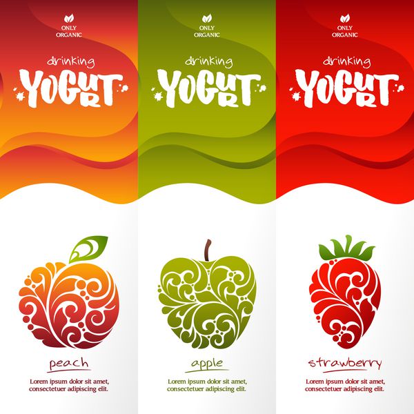 مجموعه ای از الگوهای بسته بندی محصولات لبنی برچسب بنر پوستر نام تجاری رنگ پس زمینه انتزاعی با عناصر طراحی زینتی هلو سیب توت فرنگی طراحی شیک برای نوشیدن ماست