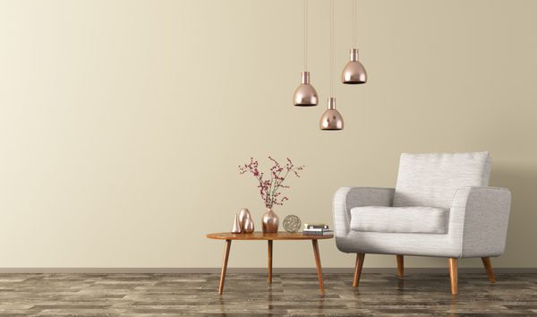 مبلمان داخلی مدرن با میز قهوه ای چوبی صندلی سفید و لامپ های مس لود 3d