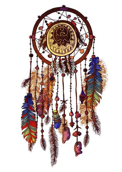 شکارچی رویای هند بومی آمریکایی نماد سنتی کارت کارت روشن با پرهای رنگی و مهره ای در پس زمینه سفید