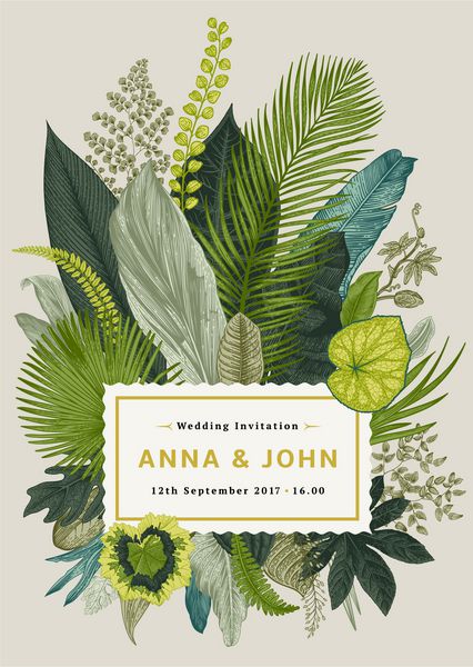کارت ویزیت برداری دعوت عروسی تصویر گیاه شناسی برگ های گرمسیری