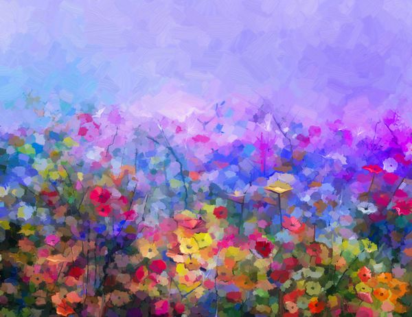نقاشی رنگ روغن نقاشی بنفش کیهان گل دیزی گل وحشی در زمینه گل وحشی زرد و قرمز در چمنزار با آسمان آبی بهار فصل تابستان فصل طبیعت