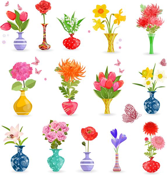 گل های رنگی مجموعه ای با دسته گل برای طراحی شما
