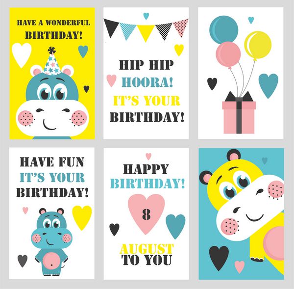مجموعه ای از 6 کارت زیبا کارت های زیبا با طراحی تم تولدت مبارک کارت قرعه کشی برای روز تولد سالگرد دعوت های حزبی اسکاربوکینگ تصویر برداری