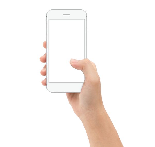 دست نگه داشتن گوشی های هوشمند در پس زمینه سفید رنگ کلیپ مسیر در داخل مدل صفحه نمایش سفید گوشی