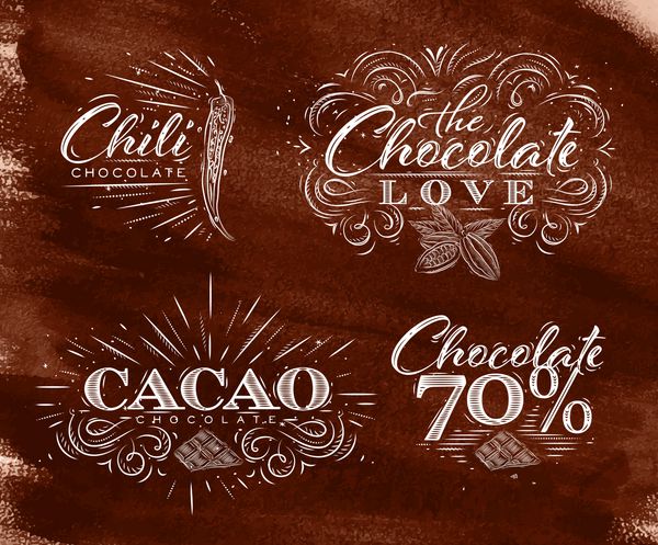 مجموعه برچسب های شکلات در سبک پرنعمت علامت گذاری عشق چیلی کاکائو 70 نقاشی بر روی پس زمینه آبرنگ قهوه ای