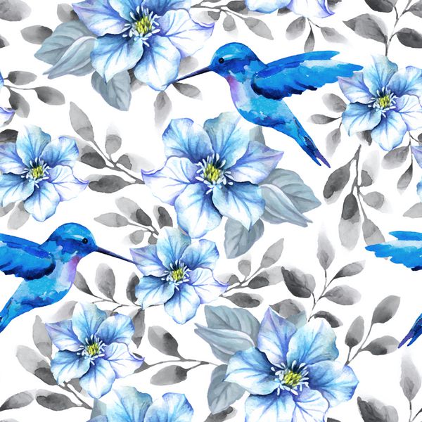 الگوی گل با گل های آبی و پرتقال پس زمینه بدون درز آبرنگ با پرندگان