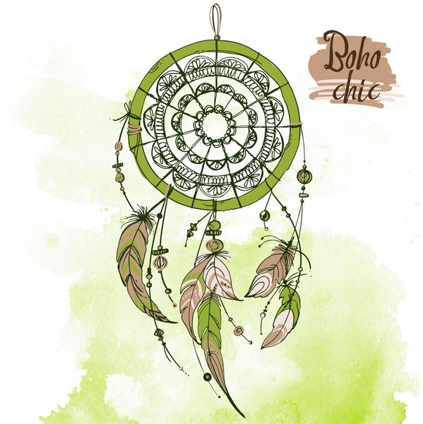 Dreamcatcher مجموعه زیور آلات پرها و مهره ها شکارچی رویای هند بومی آمریکایی نماد سنتی پر و دانه بر روی زمینه آبرنگ رنگ سبز