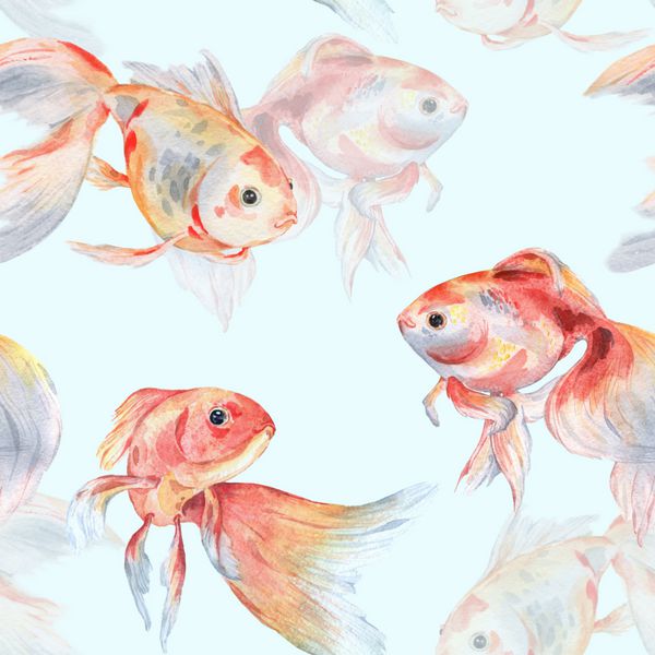 الگوی بدون درز با ماهی قرمز در پس زمینه آبی 2 نقاشی آبرنگ طراحی دست ساز