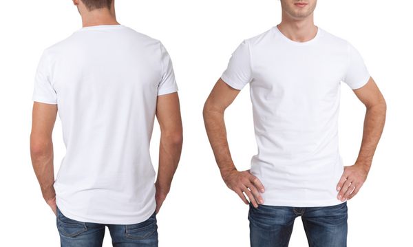 مفهوم طراحی پیراهن و مفهوم مردم نزدیک مرد جوان در تی شرت سفید خالی سفید و جلو جدا شده است