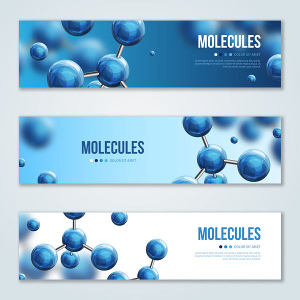 آگهی های افقی با طراحی مولکول انتزاعی تصویر برداری اتم پس زمینه پزشکی برای بنر یا فلیکر ساختار مولکولی با ذرات کروی آبی