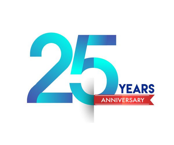 لوگو بیست و پنج ساله جشن سال نو با آبی رنگ با روبان قرمز آرم تولد 25 ساله در پس زمینه سفید