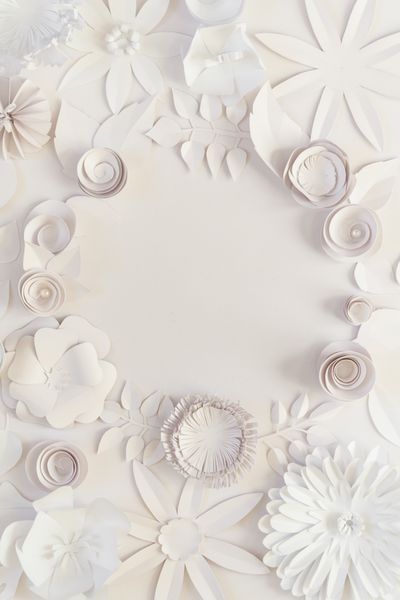قاب گرد با گل کاغذ سفید در پس زمینه سفید برش از کاغذ