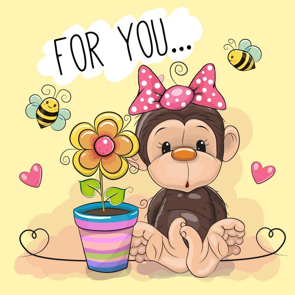 کارت تبریک کارتون ناز میمون با گل در پس زمینه زرد