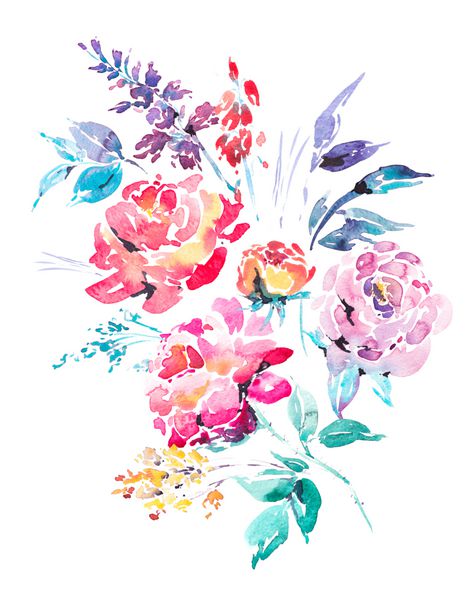 آبرنگ انتزاعی دسته گل گل در سبک la prima رز قرمز آبرنگ گل شاخه برگ جوانه دست نقاشی گل و گیاه گلدار جدا شده بر روی زمینه سفید