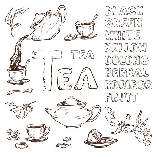 طرح اقلام برای مراسم چای قوری و فنجان لیمو نام های مختلف انواع فونت کشیده شده است کپی Raster