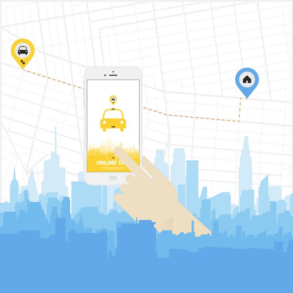 تاکسی آنلاین و گوشی هوشمند در دست در پس زمینه شهر EPS 10 تصویر برداری