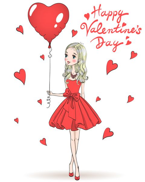 زیبا زیبا دختر عاشقانه در عشق در لباس قرمز با قلب بالون در پس زمینه با کلمات روز ولنتاین مبارک تصویر برداری