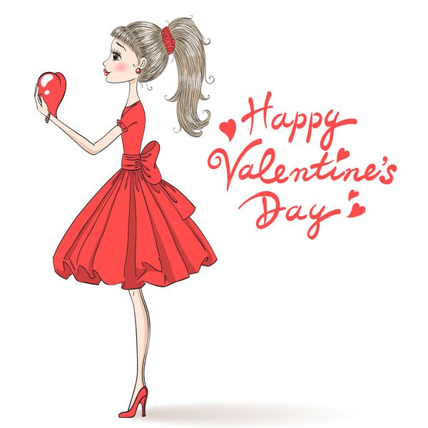 زیبا زیبا دختر عاشقانه در عشق در یک لباس قرمز در پس زمینه با کلمات روز ولنتاین مبارک تصویر برداری