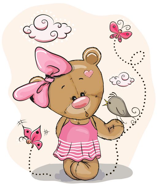 ناز کارتون تدی خرس دختر با پرنده و پروانه ها در پس زمینه صورتی