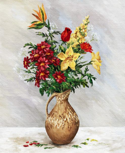 روغن نقاشی رنگ بر روی یک بوم یک دسته گل در یک کوزه سرامیک